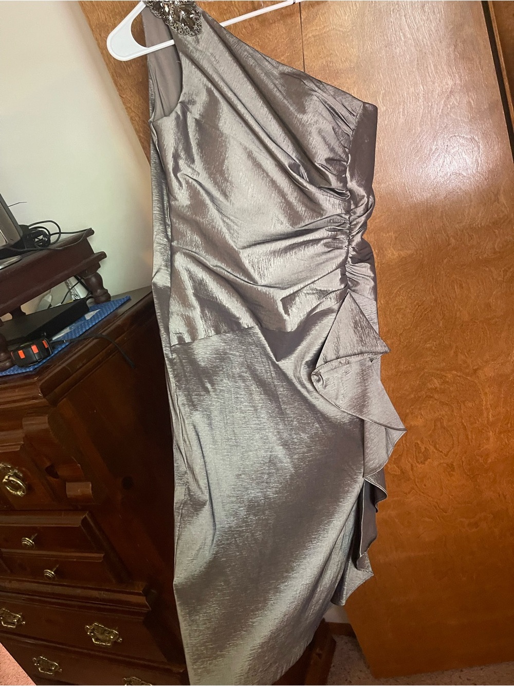 Sears One-Shoulder Metallic Taupe Sheath Dress - Picture 9 of 14